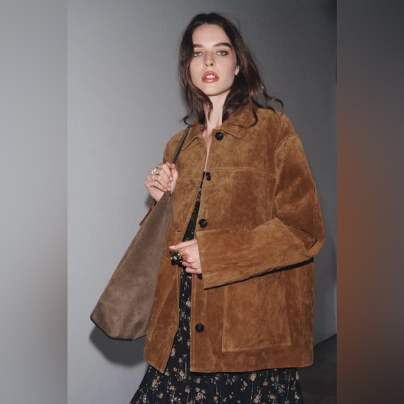 Zara Brown Suede Button-Up Jacket with Collar - Picture 5 of 6